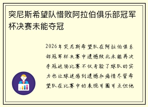 突尼斯希望队惜败阿拉伯俱乐部冠军杯决赛未能夺冠